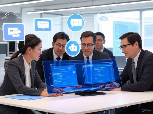 Business professionals collaborate on digital data analysis in a modern office environment.