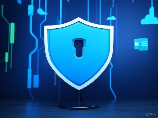 A digital shield with a lock symbol signifies cybersecurity protection against online threats.