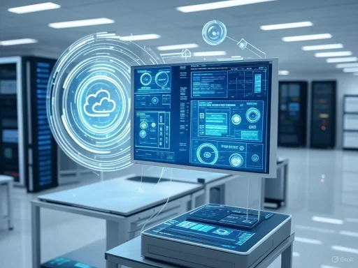 A futuristic computer setup in a data center with holographic cloud computing icons and digital dashboards.