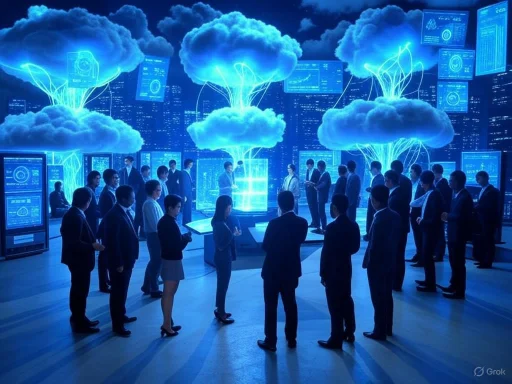 Business professionals in a high-tech digital cloud conference with holographic clouds and data displays.