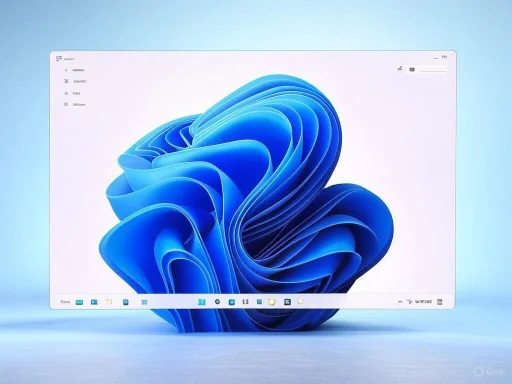 A sleek, modern computer screen displaying the Windows 11 desktop with a blue abstract wallpaper.