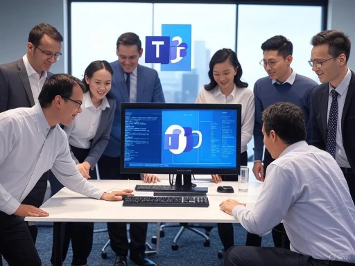 A diverse group of colleagues engaging with a computer displaying Microsoft Teams and technology-related content.