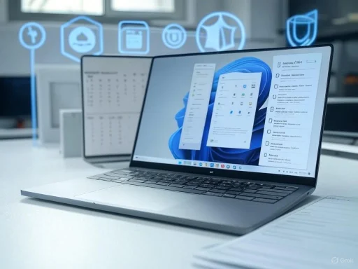 A modern laptop displaying a digital interface with various icons and apps, on a white desk with holographic icons in the background.