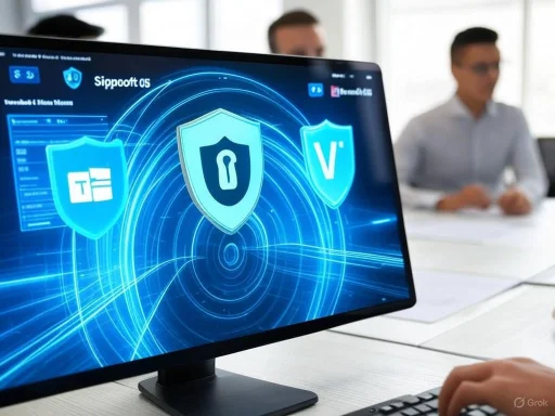A computer screen displays cybersecurity icons and shields with 'T,' 'V,' and a locked shield symbol, indicating online security.