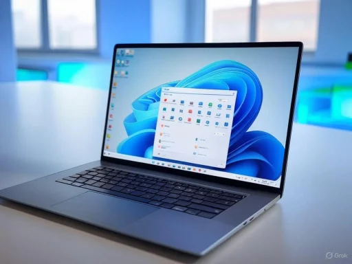 A modern laptop displaying the Windows 11 desktop on a clean, bright workspace with background windows.