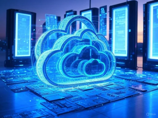 Digital cloud storage concept with holographic cloud icons and server screens in the background.