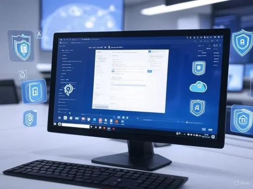 A computer monitor displays a cybersecurity or data protection interface with holographic security icons around it.