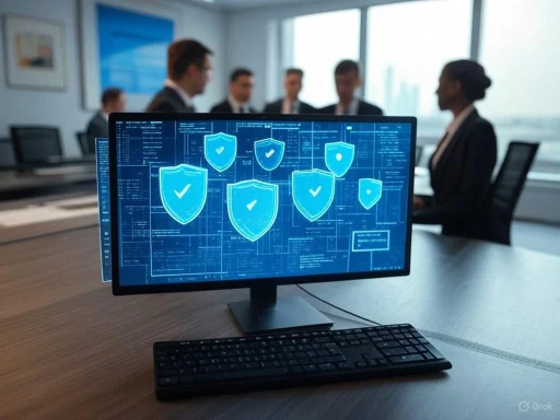 A computer monitor displays digital security shields with checkmarks, with a business meeting in the background.