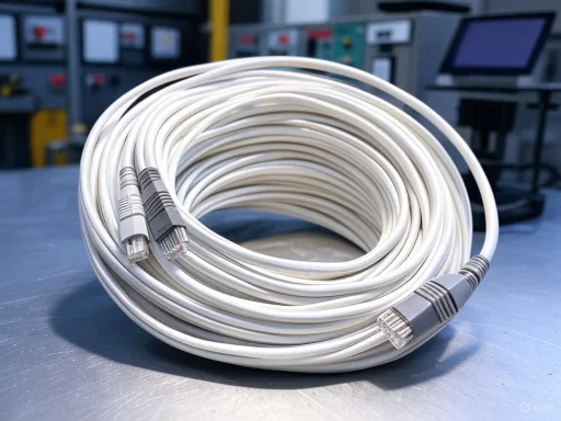 Coiled Ethernet cable with RJ45 connectors on a metallic table in a technical workspace.