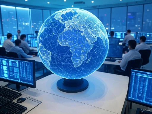 A digital globe displays data and connectivity over Africa in a high-tech control room environment. A digital globe displays data and connectivity over Africa in a high-tech control room environment.