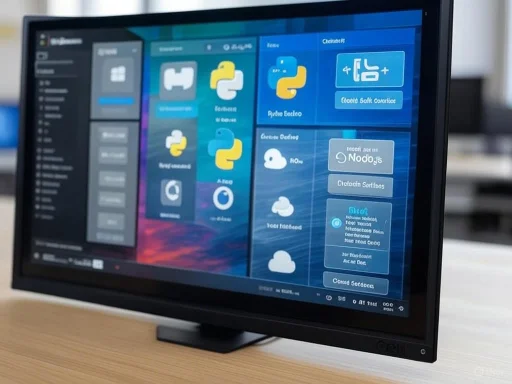 The screen displays a Python programming interface with various code modules and development tools.
