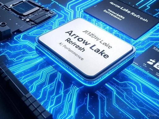 A microchip labeled 'Arrow Lake Refresh' is surrounded by glowing blue circuitry on a digital circuit board. A microchip labeled 'Arrow Lake Refresh' is surrounded by glowing blue circuitry on a digital circuit board.