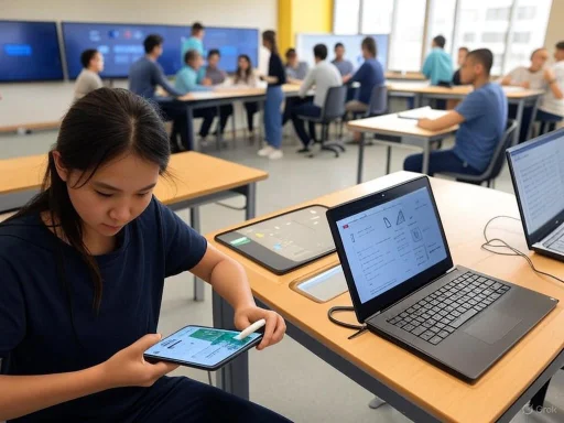 A girl using a stylus on a tablet in a classroom with laptops and students working at desks.