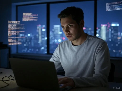 A man working on a laptop at night with city lights visible through large windows behind him.