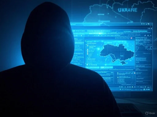 A hacker monitors Ukraine's map and data on a computer screen in a dark room.