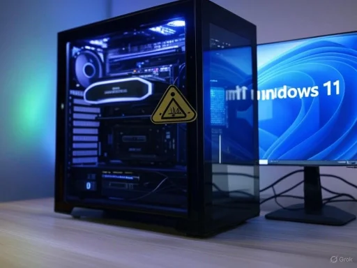 A Windows 11 PC with a warning sticker on the case, placed beside a monitor displaying the Windows 11 logo.