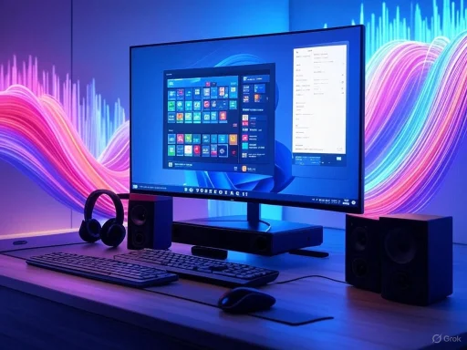 A modern computer workstation with a monitor, keyboard, mouse, speakers, and headphones, set against colorful neon wave backgrounds.