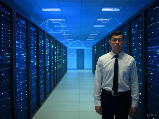 A man in formal attire stands in a data center with servers, illuminated by blue neon lights and cloud graphics.