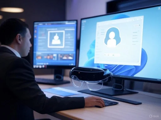 A person working on a computer with biometric and facial recognition technology, with additional screens and a floating device.