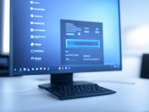 The image shows a computer monitor with a blurry screen displaying a menu, accompanied by a keyboard on a desk.