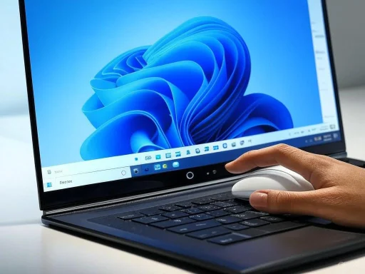 A person using a white mouse on a laptop with a Windows 11 screen displayed.
