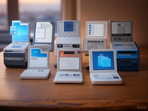 Collection of vintage electronic devices and early computers arranged on a wooden table.