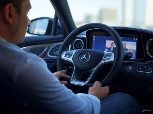 A man drives a Mercedes-Benz, viewing a video call on the car's dashboard screen. A man drives a Mercedes-Benz, viewing a video call on the car's dashboard screen.
