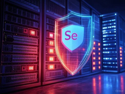 Cybersecurity shield with Adobe Animate (Se) logo over a server room background.