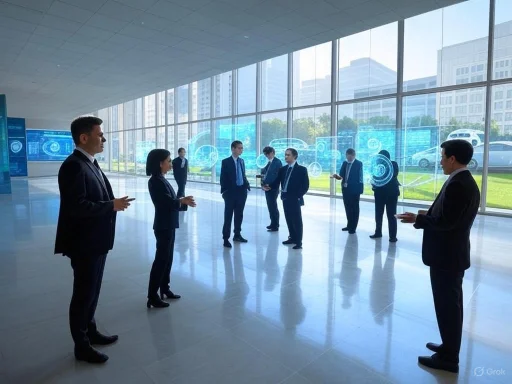 Business professionals having a discussion in a modern, glass-walled corporate office with futuristic digital displays. Business professionals having a discussion in a modern, glass-walled corporate office with futuristic digital displays.