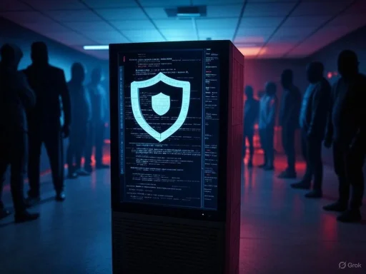 A digital security shield displayed on a server in a dark room with people observing in the background.