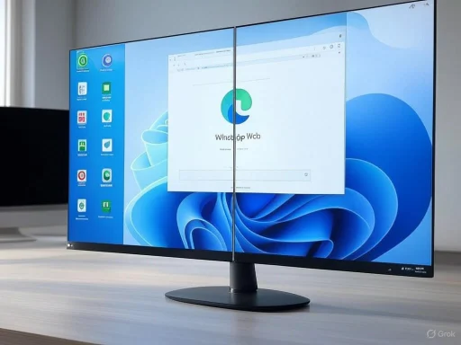 A dual-screen monitor displaying a Windows desktop with a split view on a desk.