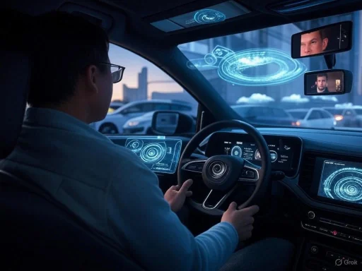 A person driving a car equipped with advanced holographic and digital interfaces, including virtual screens and AI visuals.
