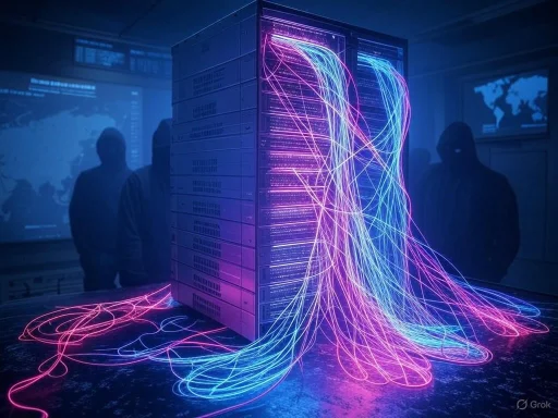 A data server with colorful light trails representing data flow, in a dark control room environment.