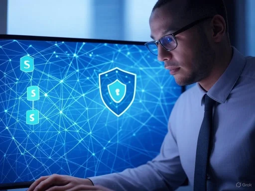 A man in glasses working on cybersecurity or data protection, with digital shield icons and network graphics on screen.