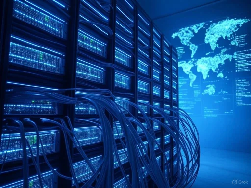 A server room with multiple racks of servers connected by cables, illuminated in blue with a world map projected on the wall.