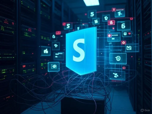 A digital illustration of Microsoft SharePoint in a data center with interconnected icons and servers. A digital illustration of Microsoft SharePoint in a data center with interconnected icons and servers.
