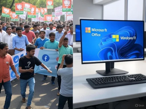 A protest march on the left side and a modern computer setup with Windows and Office logos on the right side.