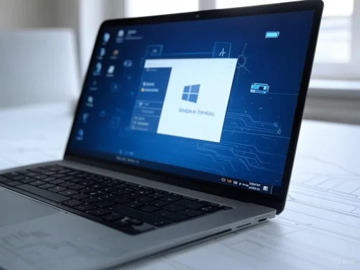 A laptop displaying the Windows start menu with 'Azure services' on the screen in a bright, modern office setting.