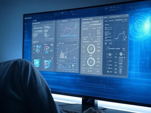 A person monitors a large digital dashboard displaying data analytics and graphs on a computer screen.