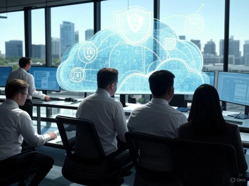 A team of professionals in a modern office watching a digital cloud security graphic projected on large screens.