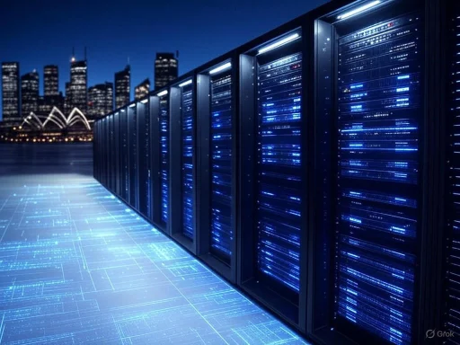 Server racks in a data center with illuminated blue LED lights, city skyline at night in the background.