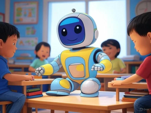 A friendly robot in a classroom interacts with children sitting at desks. A friendly robot in a classroom interacts with children sitting at desks.