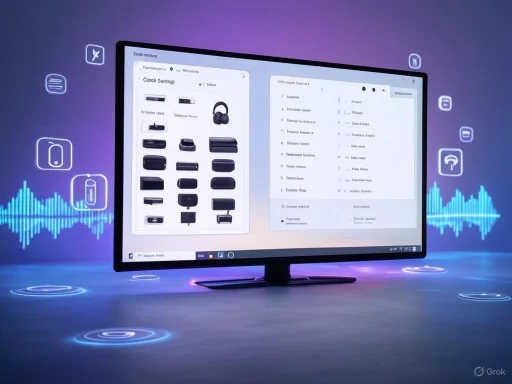 A computer screen displays a product catalog and stationery list, with digital icons and sound wave graphics surrounding it.