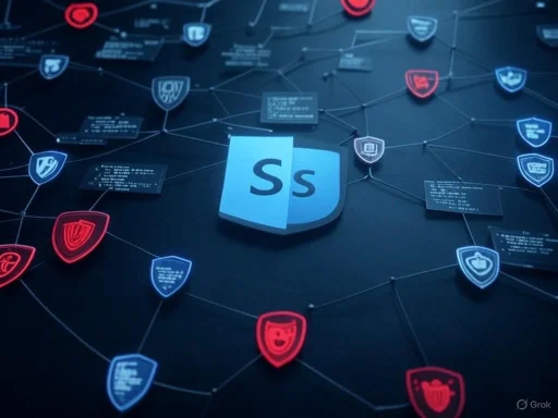 The image features a central logo with interconnected shields, symbolizing cybersecurity or digital protection.