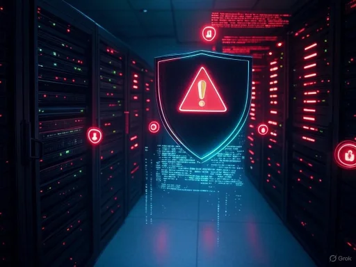 A digital warning shield with an exclamation mark alerts to a cybersecurity threat in a server room.