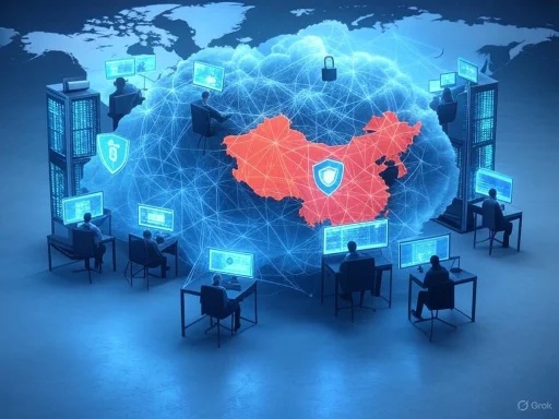 Global cybersecurity network monitoring China with holographic map and digital shields.