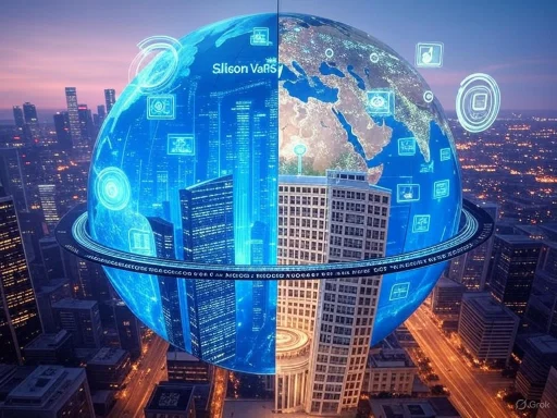 A city skyline with a digital hologram of Earth displaying global data and technology visuals.