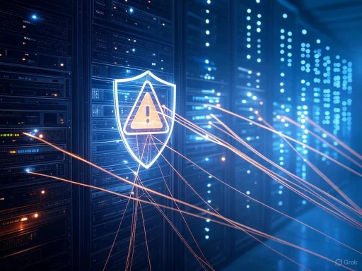 A digital security warning icon is displayed on a server room background, with lines indicating network connectivity or data transfer.