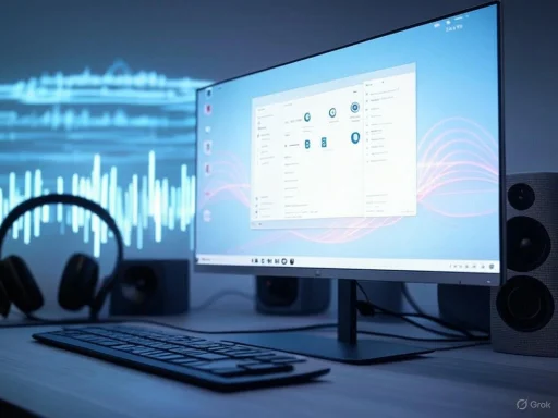 A modern workspace setup with a curved monitor, wireless keyboard, headphones, and speakers in a tech environment.