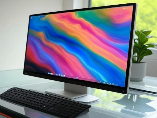 A sleek computer monitor displaying a vibrant, colorful abstract background, placed on a white desk with a keyboard in front.